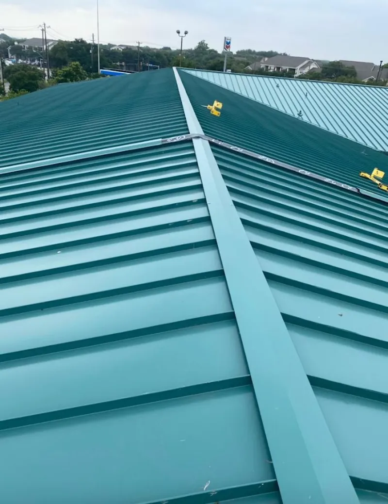 Green commercial metal roof ridge and valley for Metal Roof Repair in Red Hook